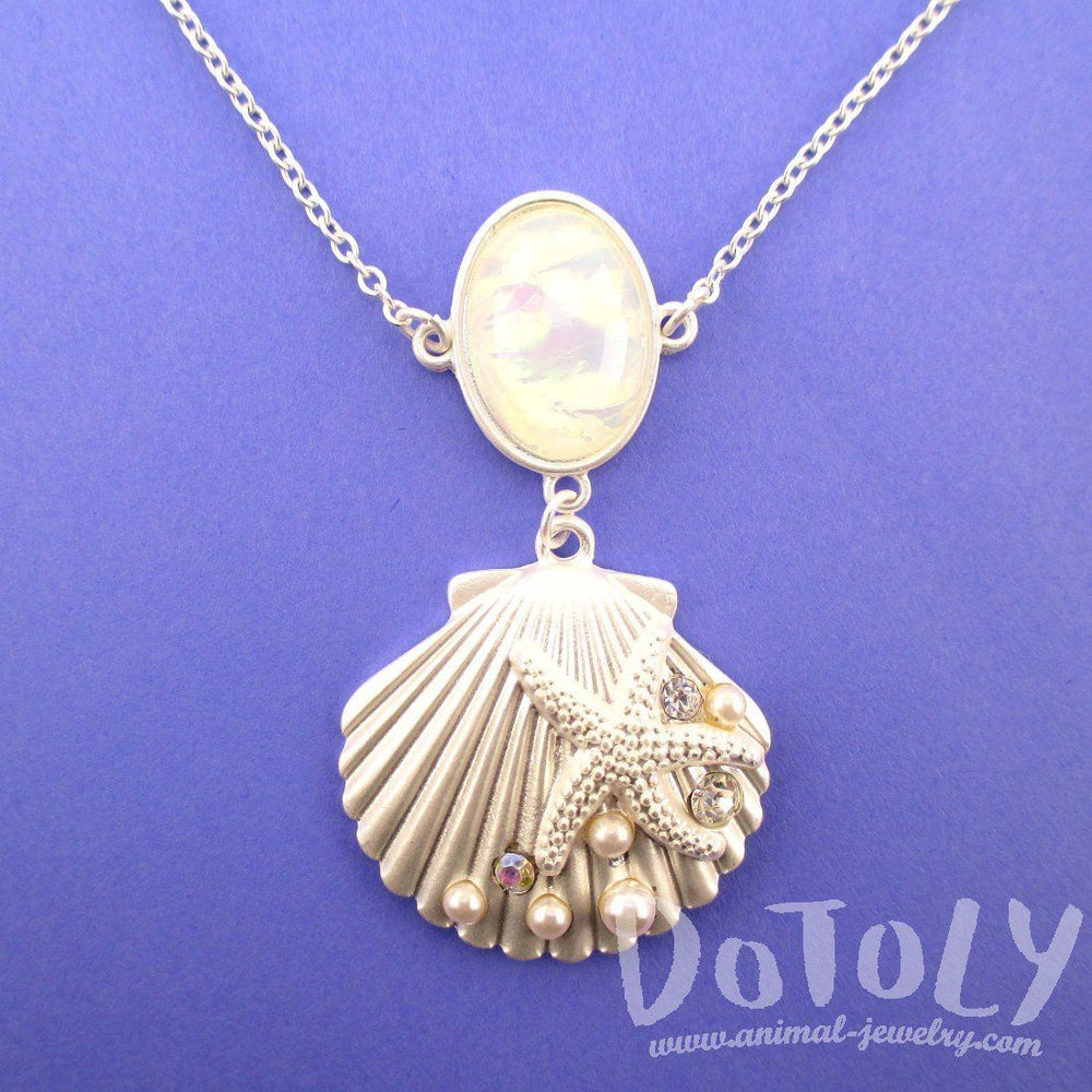 Seashell Starfish Ocean Inspired Mermaid Jewelry Pendant Necklace in Silver | DOTOLY