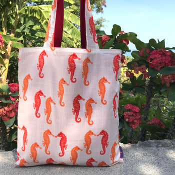 Colorful Seahorse Pattern Cotton Canvas Reversible Tote Bags for Women