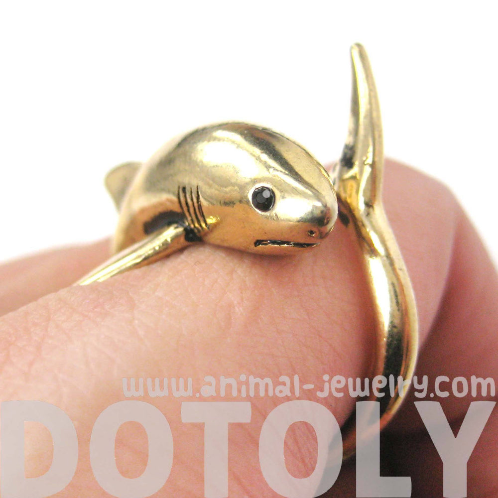 Shark Sea Animal Wrap Around Ring in Shiny Gold | Size 5 to 10 | Shark Week | DOTOLY