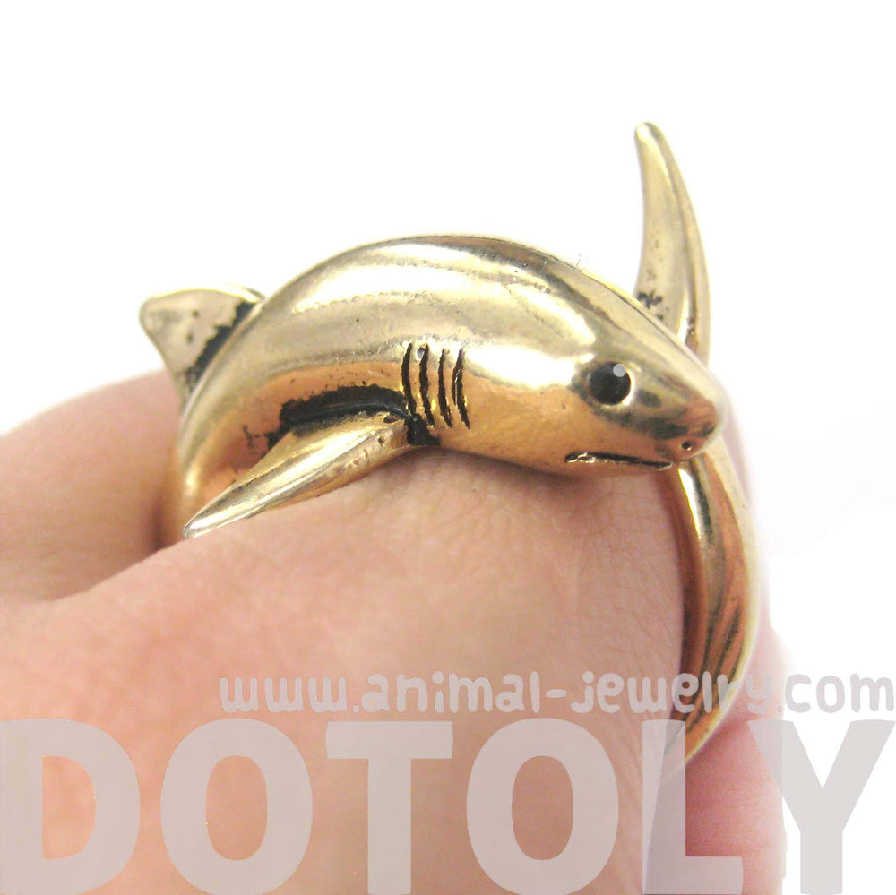 Shark Sea Animal Wrap Around Ring in Shiny Gold | Size 5 to 10 | Shark Week | DOTOLY