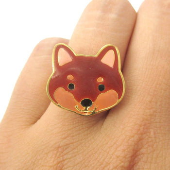 Shiba Inu Puppy Face Shaped Adjustable Animal Ring in Brown | Limited Edition Jewelry | DOTOLY