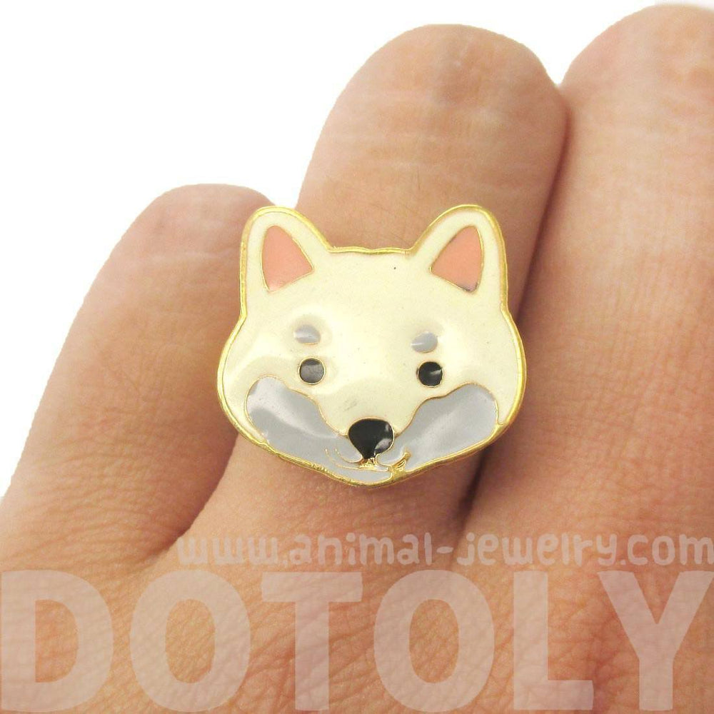 Shiba Inu Puppy Face Shaped Adjustable Animal Ring in White | Limited Edition Jewelry | DOTOLY