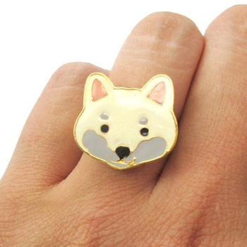 Shiba Inu Puppy Face Shaped Adjustable Animal Ring in White | Limited Edition Jewelry | DOTOLY