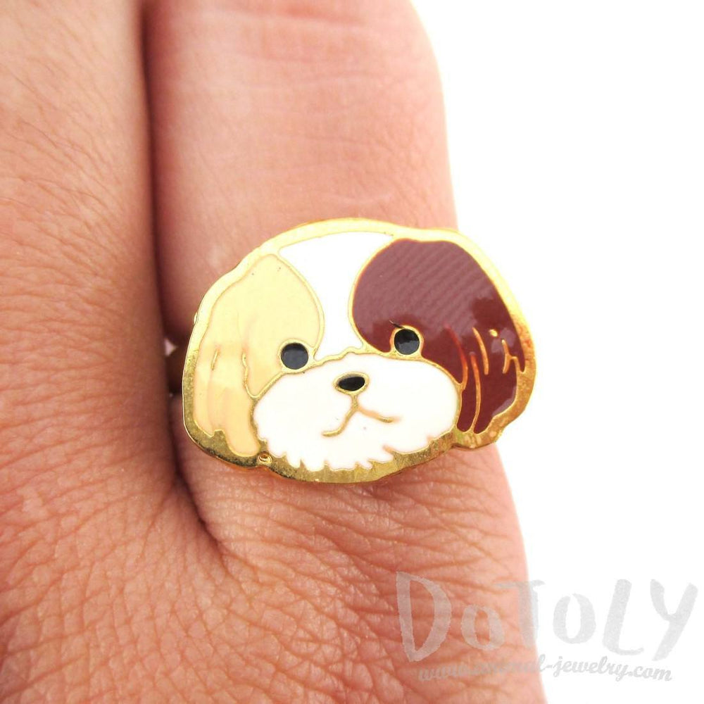 Shih Tzu Puppy Face Shaped Adjustable Animal Ring in Tan | Limited Edition | DOTOLY