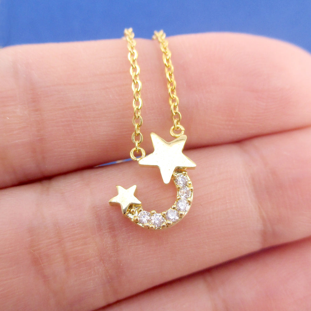 Shooting Stars Shaped Cosmic Space Themed Rhinestone Pendant Necklace in Gold