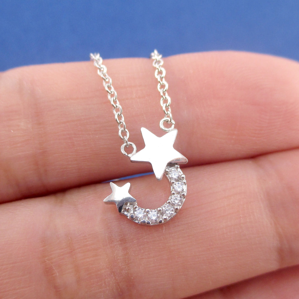 Shooting Stars Shaped Cosmic Space Themed Rhinestone Pendant Necklace in Silver