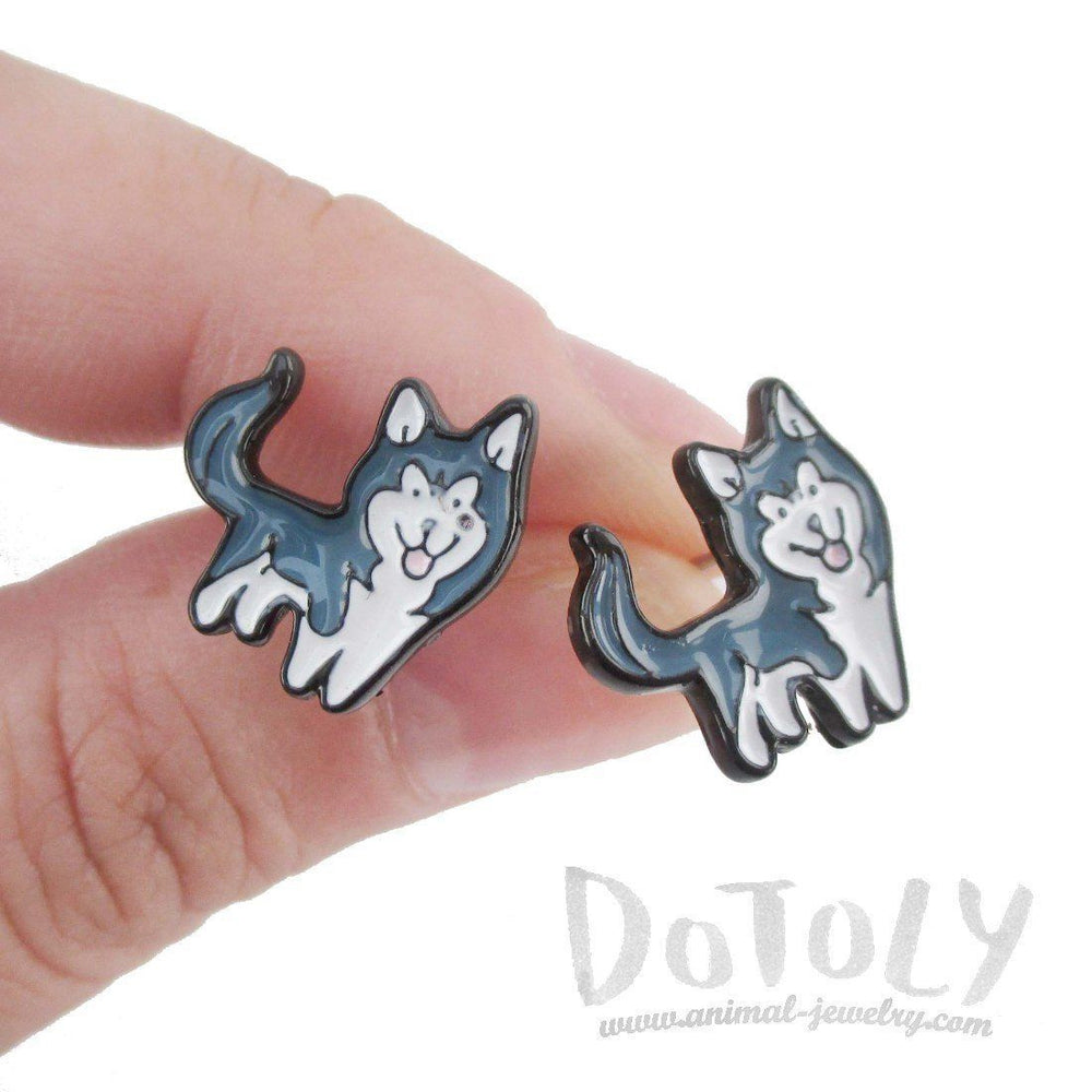 Siberian Husky Puppy Shaped Enamel Stud Earrings for Dog Lovers