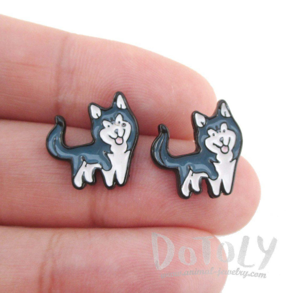 Siberian Husky Puppy Shaped Enamel Stud Earrings for Dog Lovers