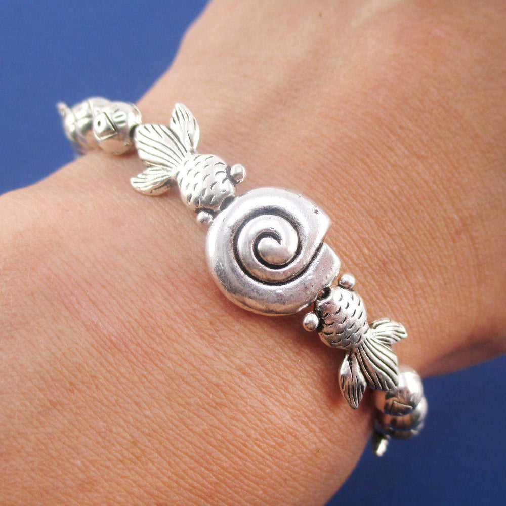 Silver Goldfish Seashell Shaped Charm Stretchy Bracelet