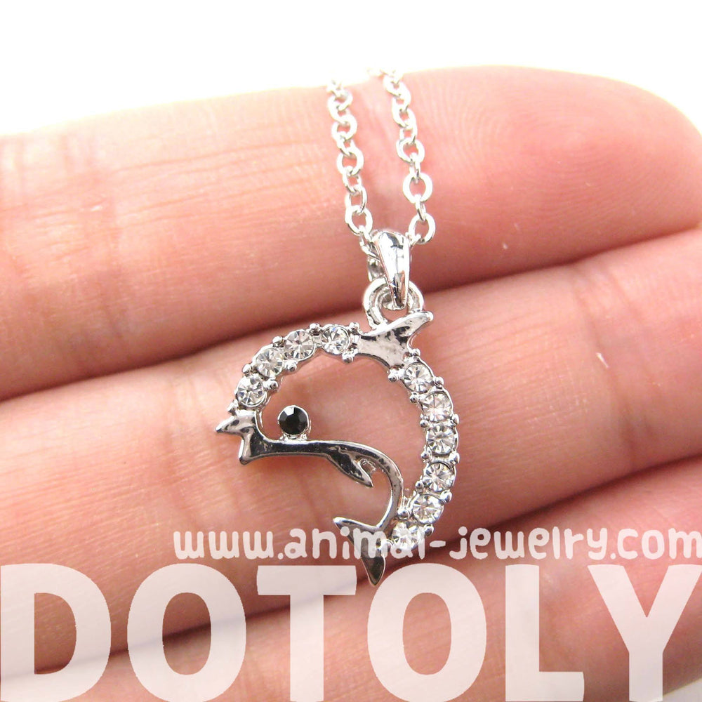 Simple Dolphin Shaped Sea Animal Pendant Necklace in Silver with Rhinestones | DOTOLY