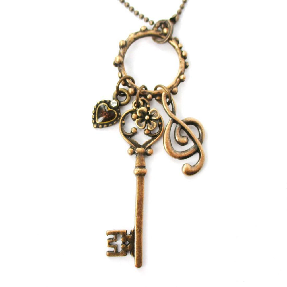 Skeleton Key Heart and Treble Clef Pendant Necklace in Brass | DOTOLY | DOTOLY