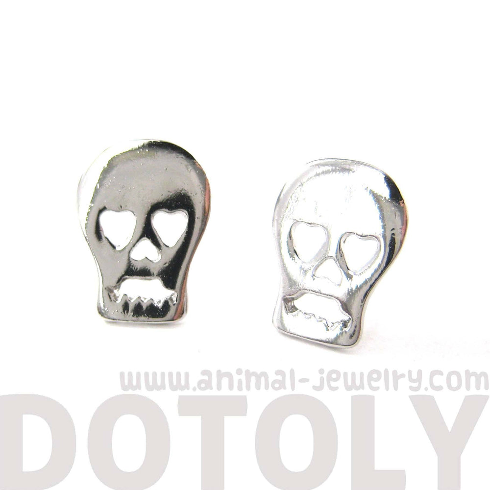Skull Shaped Skeleton with Heart Shaped Eyes Stud Earrings in Silver | DOTOLY