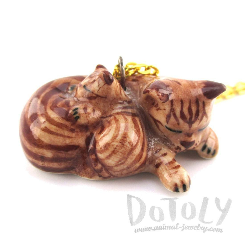 Sleeping Tabby Cat and Kitten Porcelain Pendant Necklace in Brown