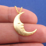 Sleepy Crescent Moon Celestial Pendant Necklace in Silver or Gold