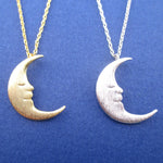 Sleepy Crescent Moon Celestial Pendant Necklace in Silver or Gold