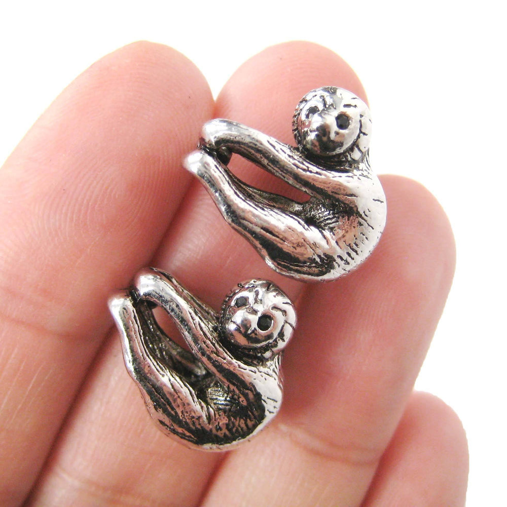 Sloth Shaped Animal Stud Earrings in Shiny Silver | Animal Jewelry | DOTOLY