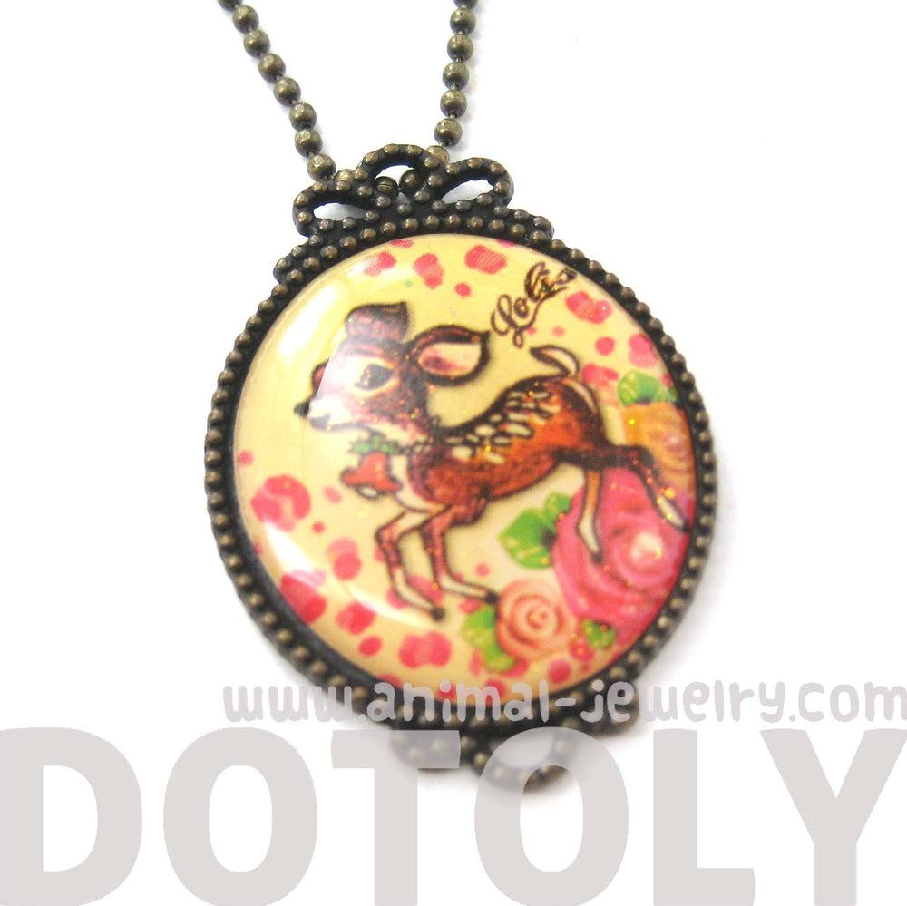 Small Bambi Deer with Roses Illustrated Pendant Necklace | Animal Jewelry | DOTOLY