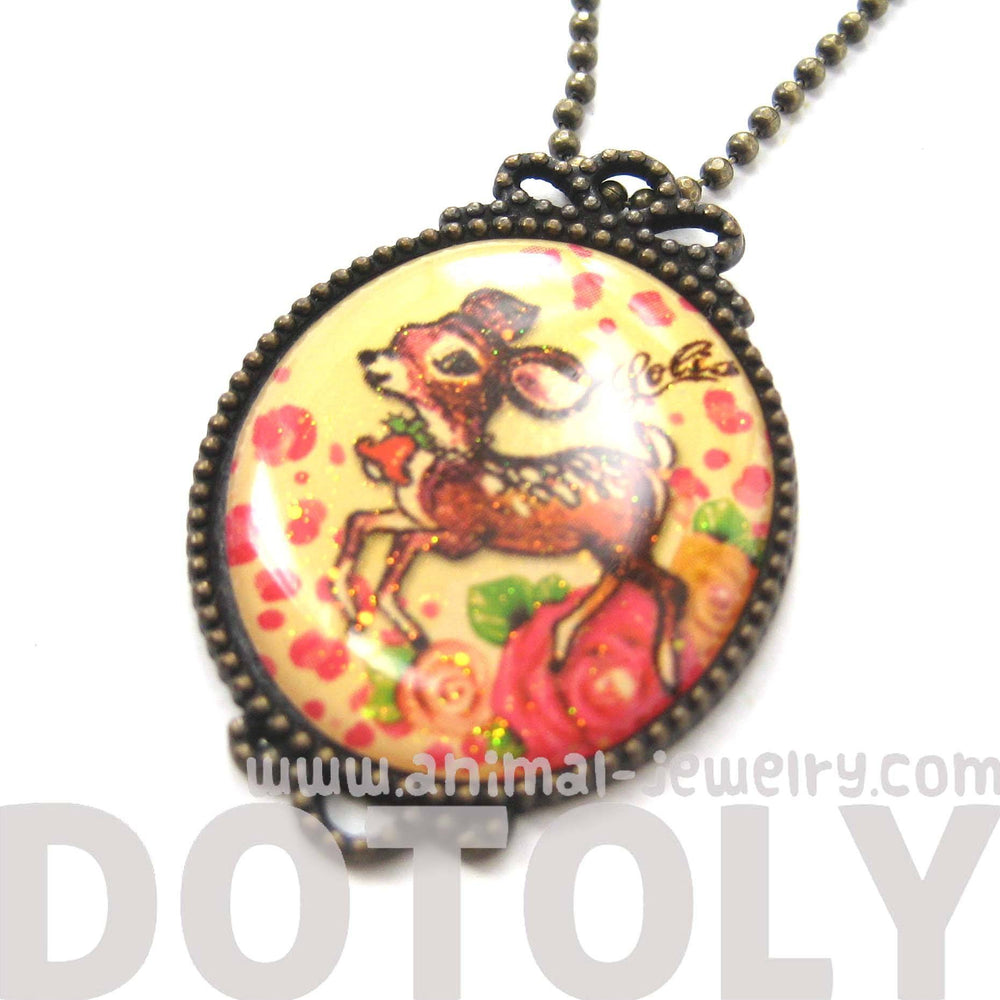 Small Bambi Deer with Roses Illustrated Pendant Necklace | Animal Jewelry | DOTOLY