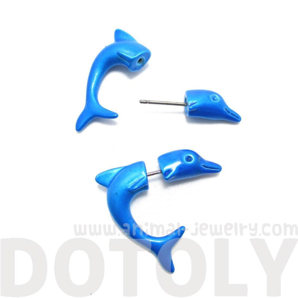 Small Blue Dolphin Sea Animal Shaped Front and Back Stud Earrings | DOTOLY