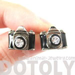 Small Camera Photography Themed Stud Earrings in Black and Silver | DOTOLY