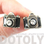Small Camera Photography Themed Stud Earrings in Black and Silver | DOTOLY