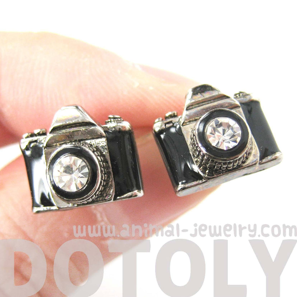 Small Camera Photography Themed Stud Earrings in Black and Silver | DOTOLY