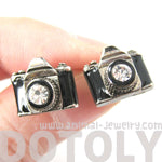 Small Camera Photography Themed Stud Earrings in Black and Silver | DOTOLY