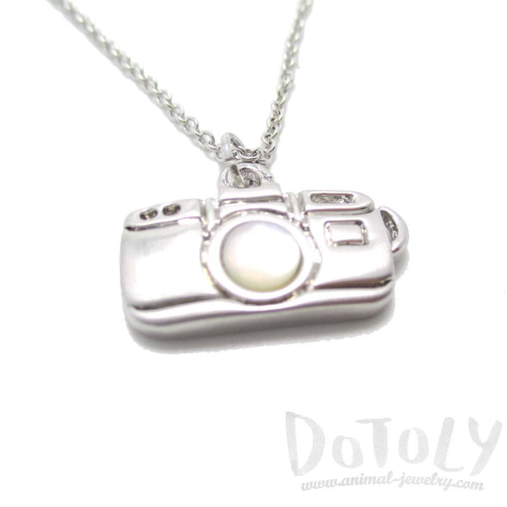 Small Camera Shaped Pearl Lens Pendant Necklace in Silver | DOTOLY | DOTOLY