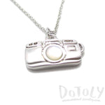 Small Camera Shaped Pearl Lens Pendant Necklace in Silver | DOTOLY | DOTOLY