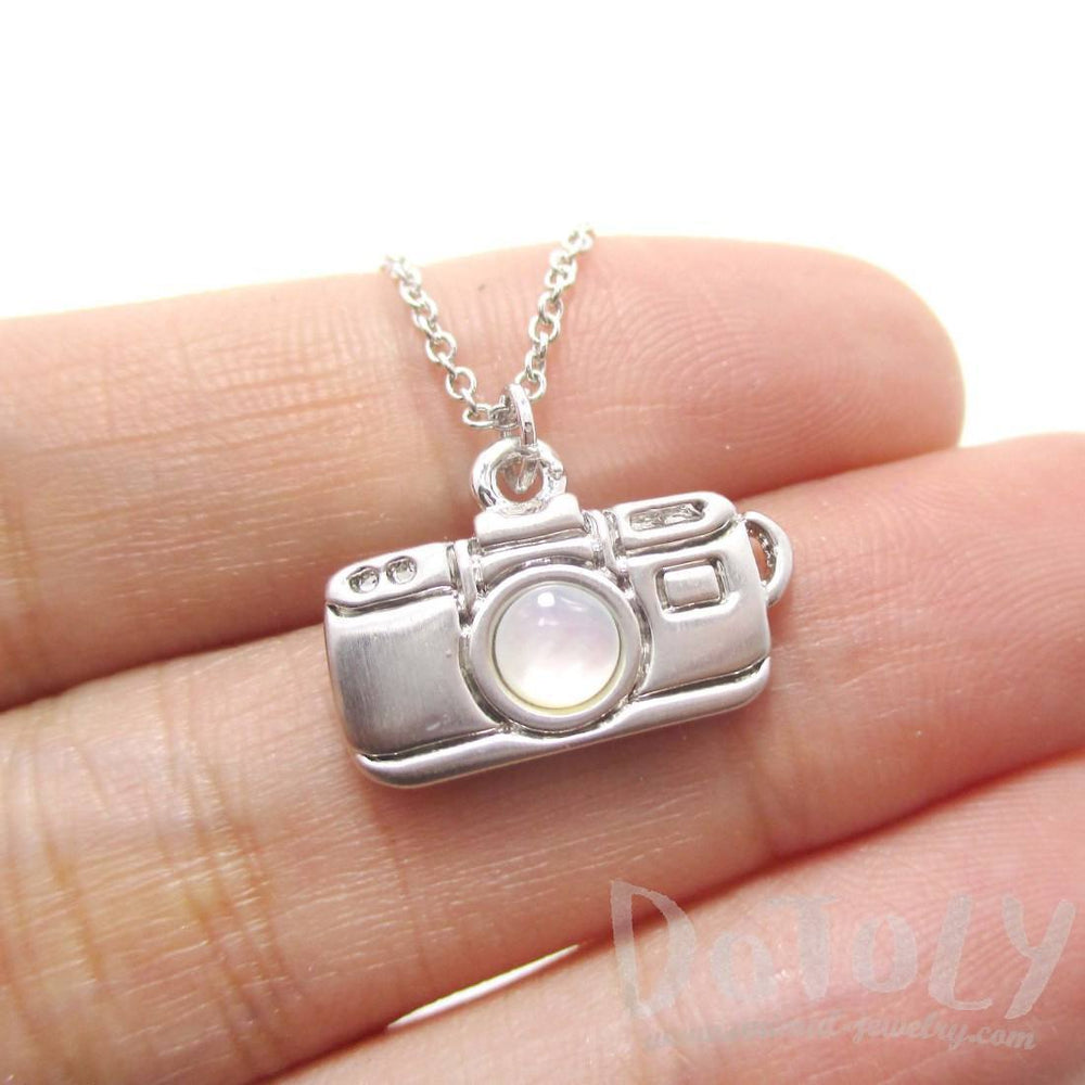 Small Camera Shaped Pearl Lens Pendant Necklace in Silver | DOTOLY | DOTOLY