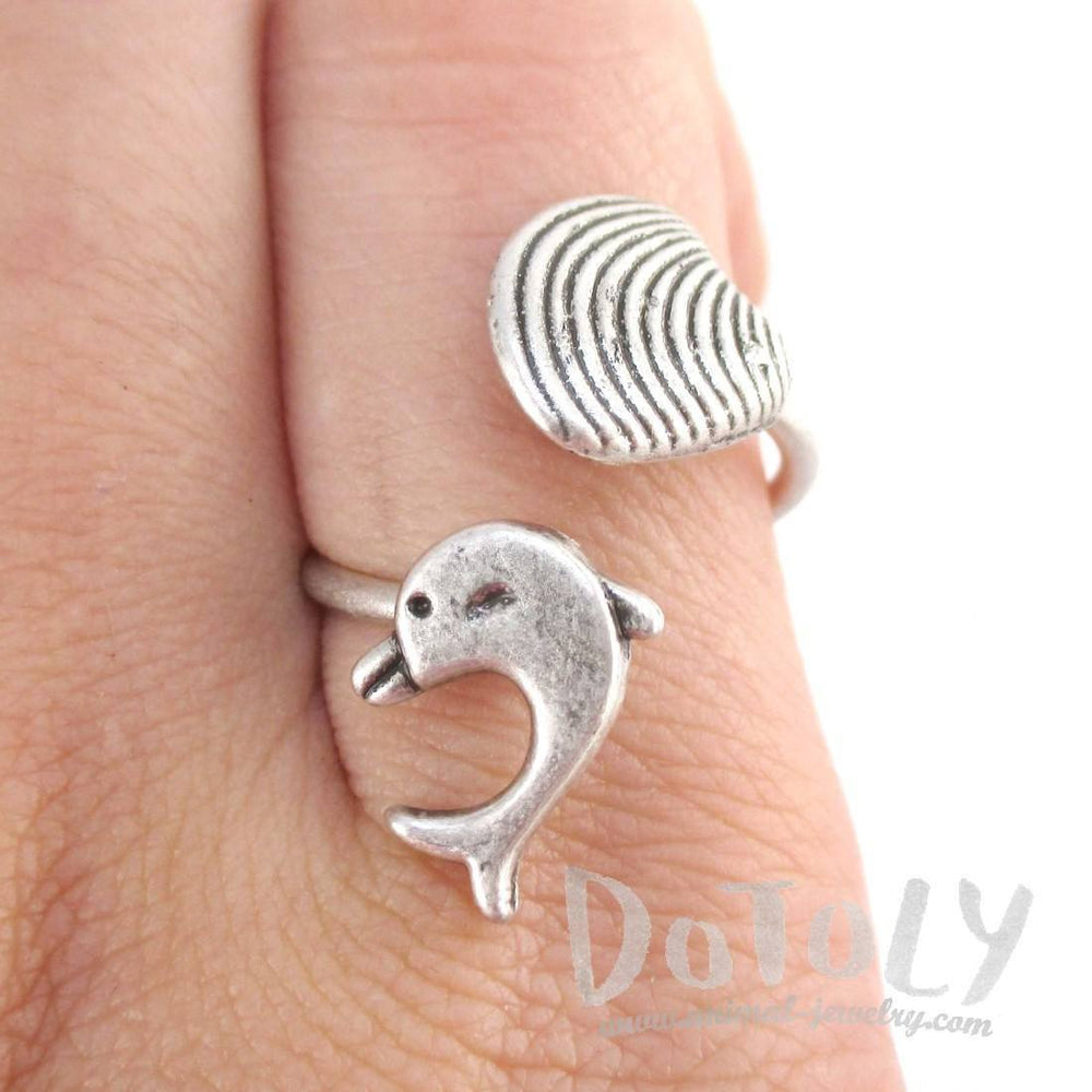 Dolphin and Seashell Adjustable Wire Wrap Ring in Silver | DOTOLY