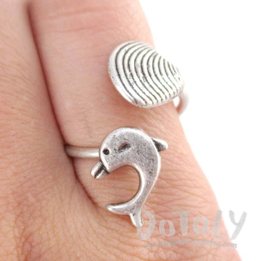 Dolphin and Seashell Adjustable Wire Wrap Ring in Silver | DOTOLY