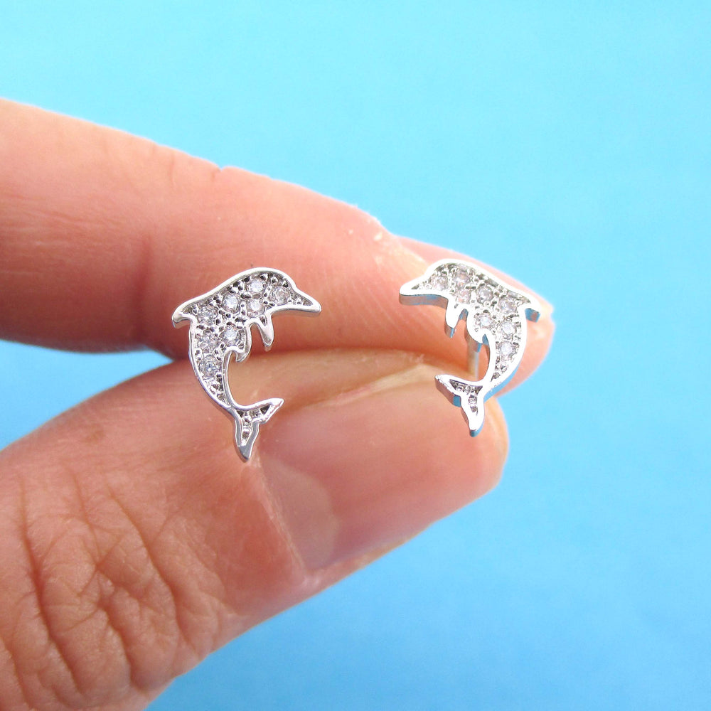 Small Dolphin Aquatic Animal Shaped Rhinestone Stud Earrings in Silver