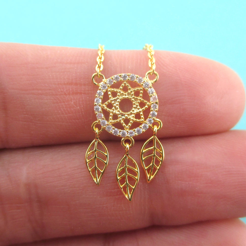 Dream Catcher Shaped Rhinestone Pendant Necklace in Gold or Silver