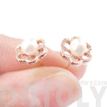 Small Floral Flower Shaped Stud Earrings in Rose Gold with Pearl Details | DOTOLY | DOTOLY