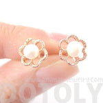 Small Floral Flower Shaped Stud Earrings in Rose Gold with Pearl Details | DOTOLY | DOTOLY