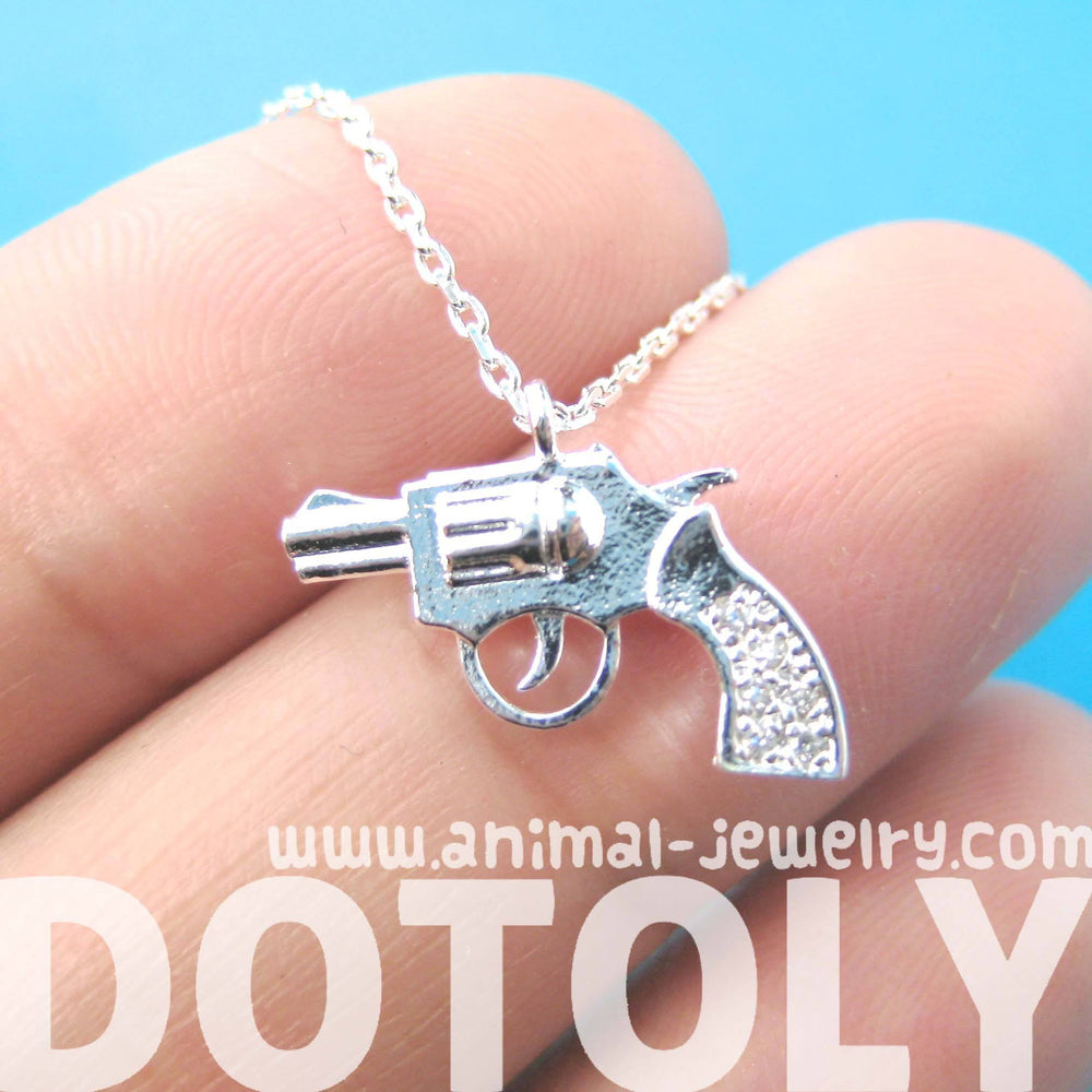 Small Gun Pistol Revolver Shaped Charm Necklace in Silver | DOTOLY | DOTOLY