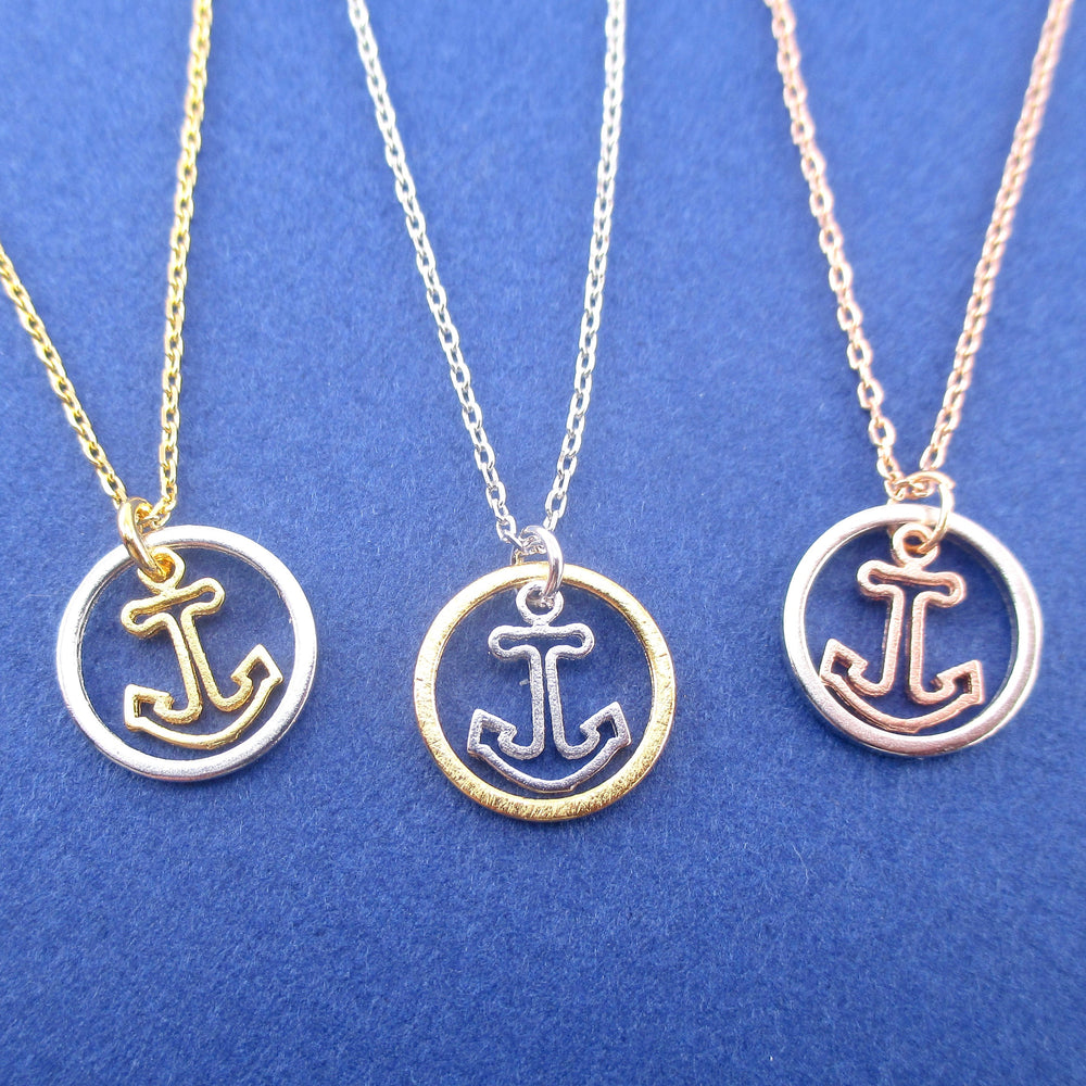 Small Nautical Themed Anchor Inside A Hoop Shaped Pendant Necklace