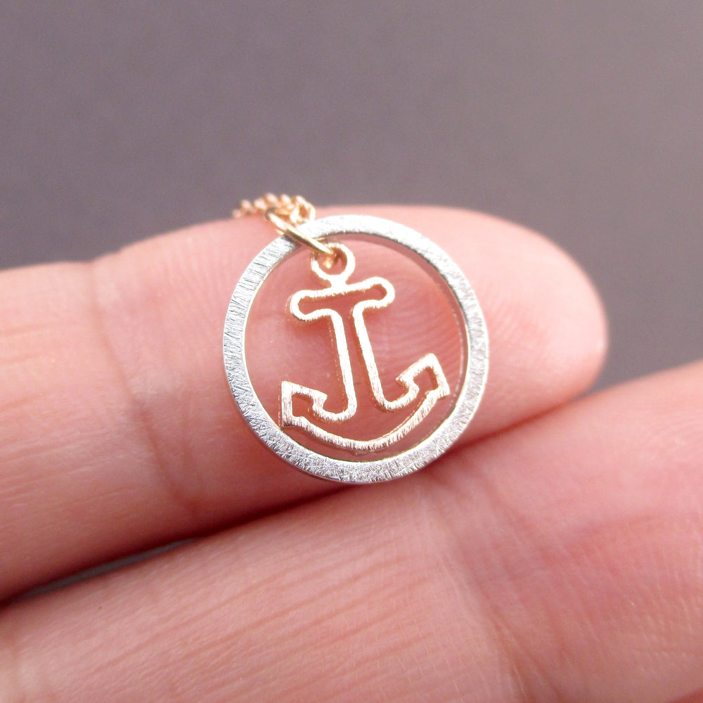 Small Nautical Themed Anchor Inside A Hoop Shaped Pendant Necklace