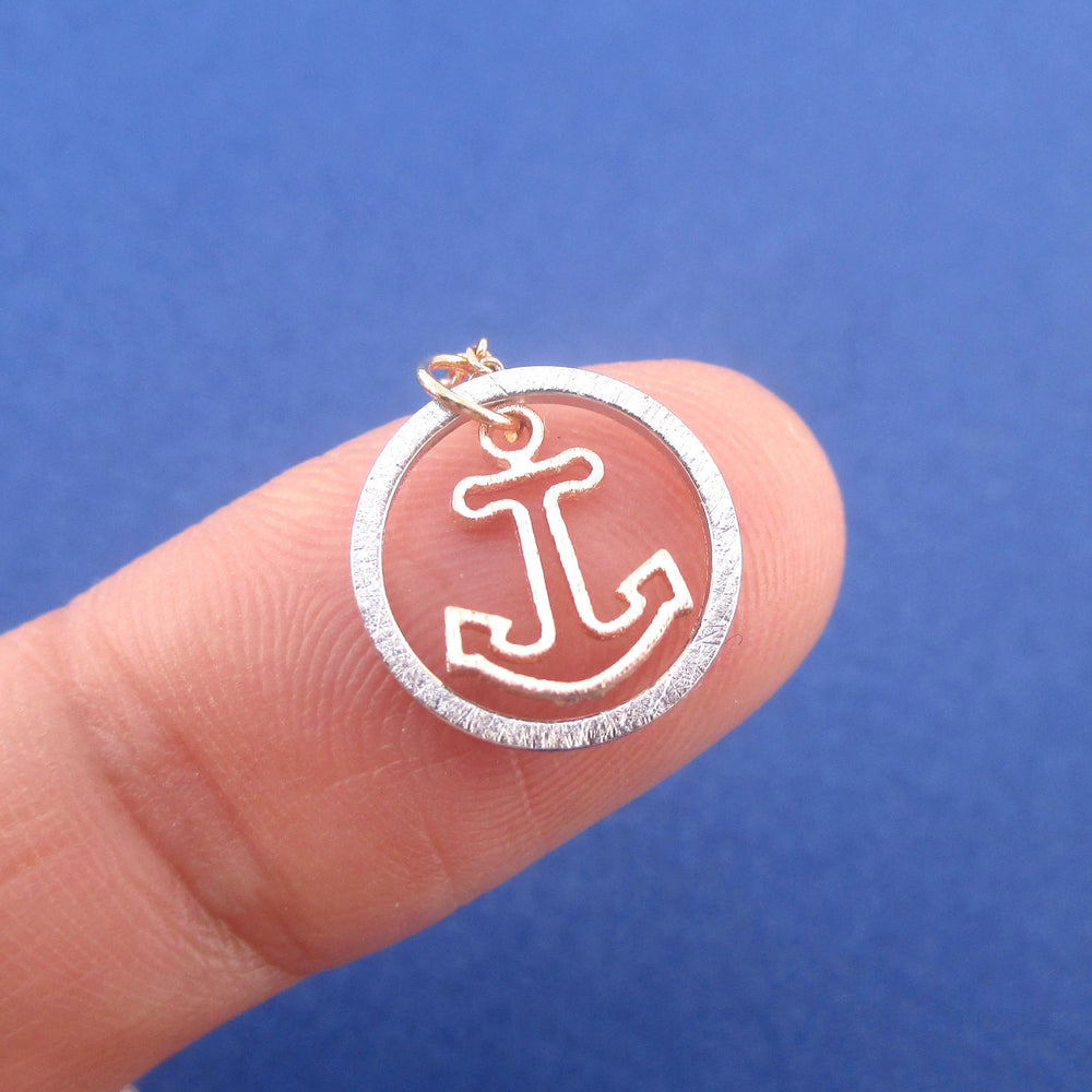 Small Nautical Themed Anchor Inside A Hoop Shaped Pendant Necklace