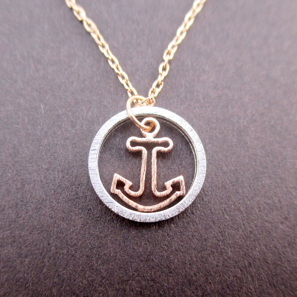 Small Nautical Themed Anchor Inside A Hoop Shaped Pendant Necklace