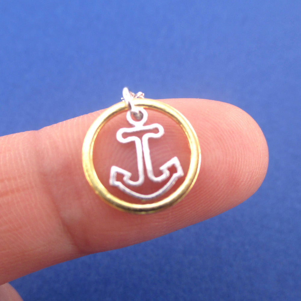 Small Nautical Themed Anchor Inside A Hoop Shaped Pendant Necklace
