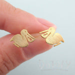 Pelican Silhouette with Fish Cut Out Shaped Stud Earrings in Gold