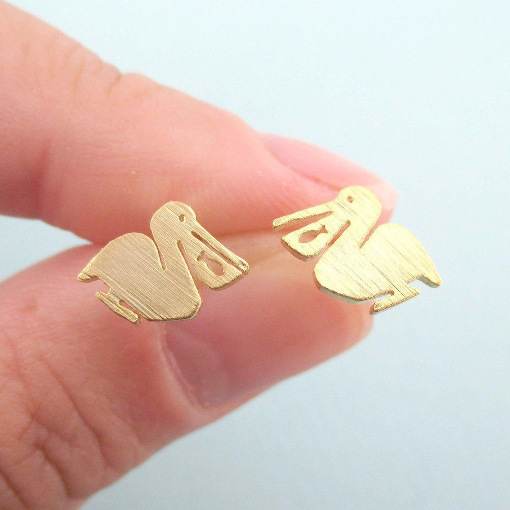 Pelican Silhouette with Fish Cut Out Shaped Stud Earrings in Gold