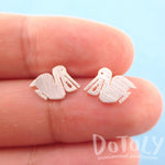 Small Pelican Silhouette with Fish Cut Out Shaped Stud Earrings in Silver | Allergy Free | DOTOLY