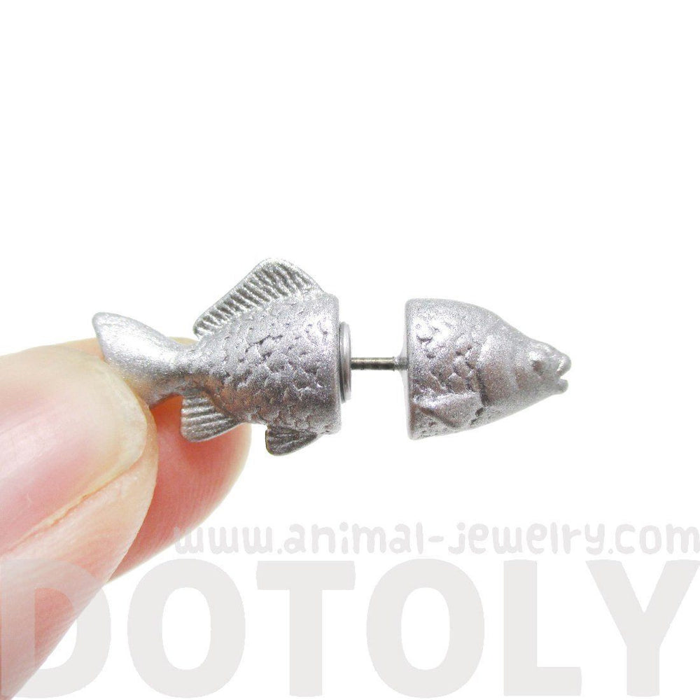 Small Salmon Trout Fish Shaped Front and Back Stud Earrings in Shiny Silver | DOTOLY