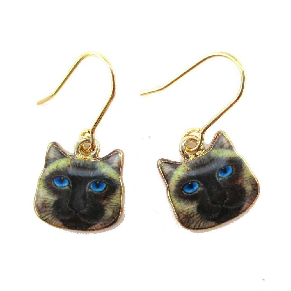 Small Siamese Kitty Cat Face Shaped Dangle Earrings | Animal Jewelry | DOTOLY