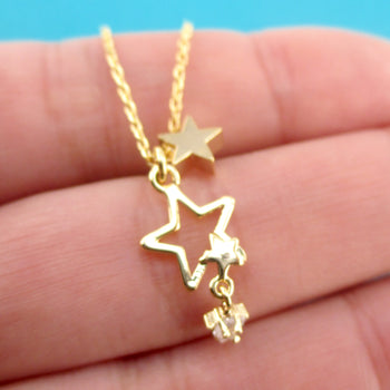 Small Star Outline Shaped Pendant with Dangling Stars Choker Necklace