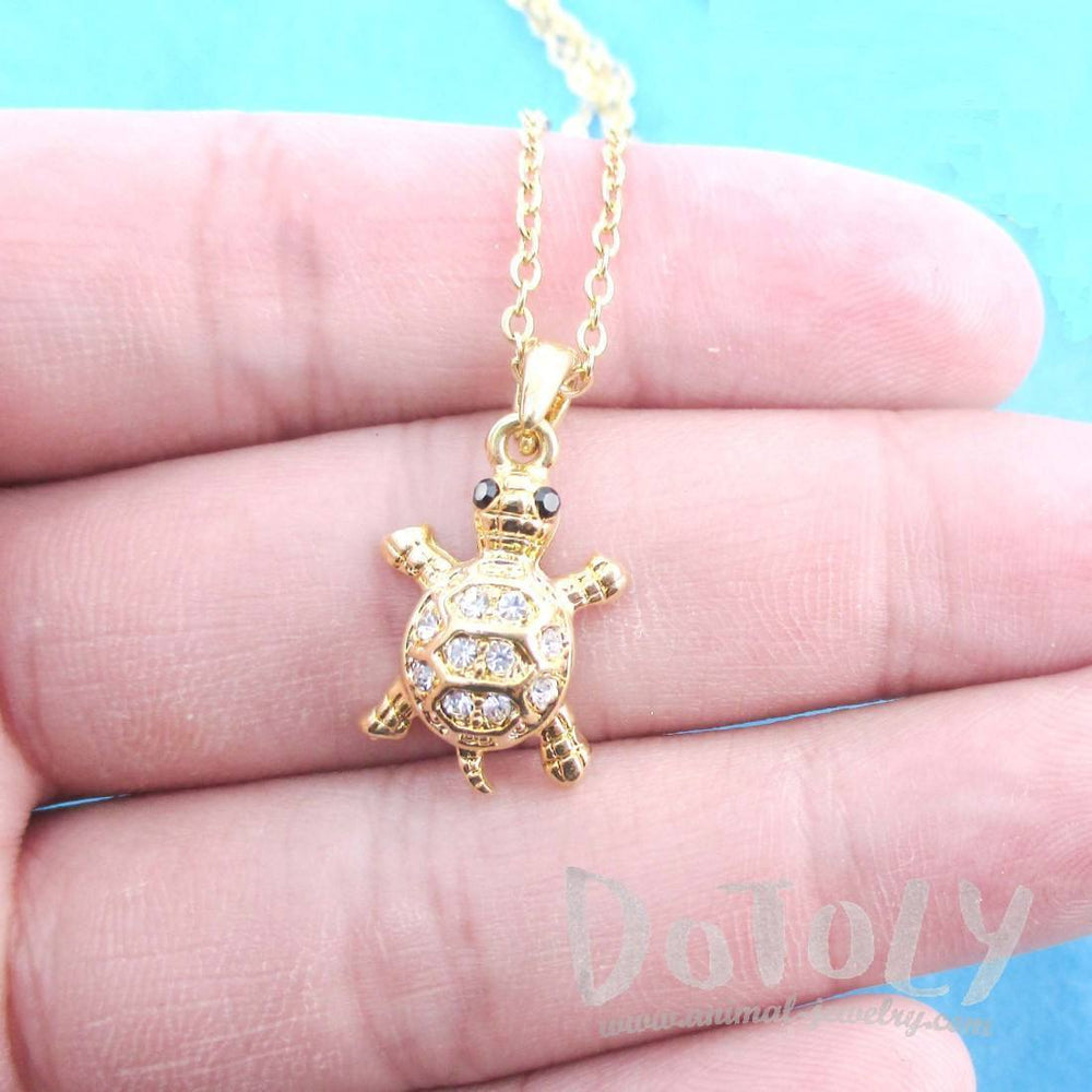 Small Turtle Shaped Charm Necklace in Gold with Rhinestones | DOTOLY