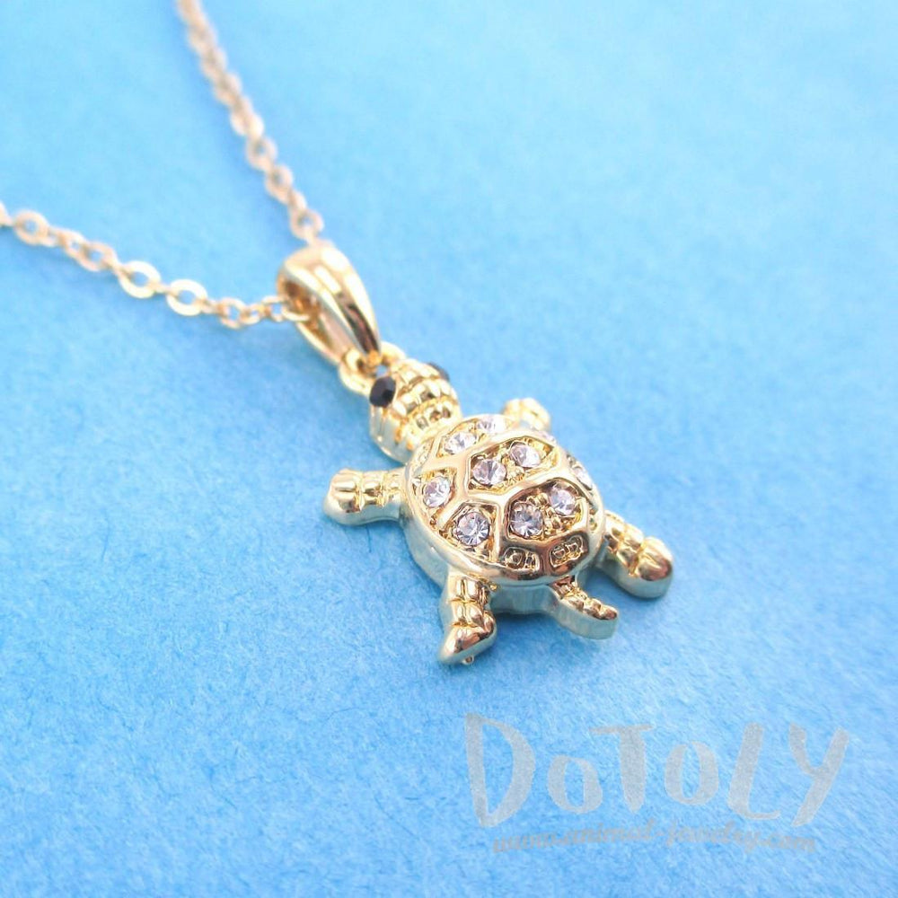 Small Turtle Shaped Charm Necklace in Gold with Rhinestones | DOTOLY